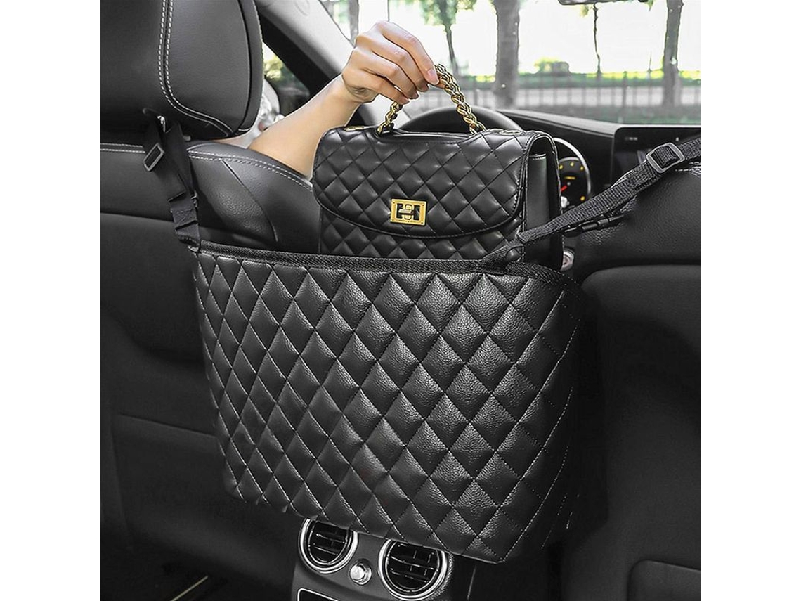Organizador de bolsas e mochilas Guoord para carro, com rede e revestimento em couro PU, ideal para colocar entre os bancos.