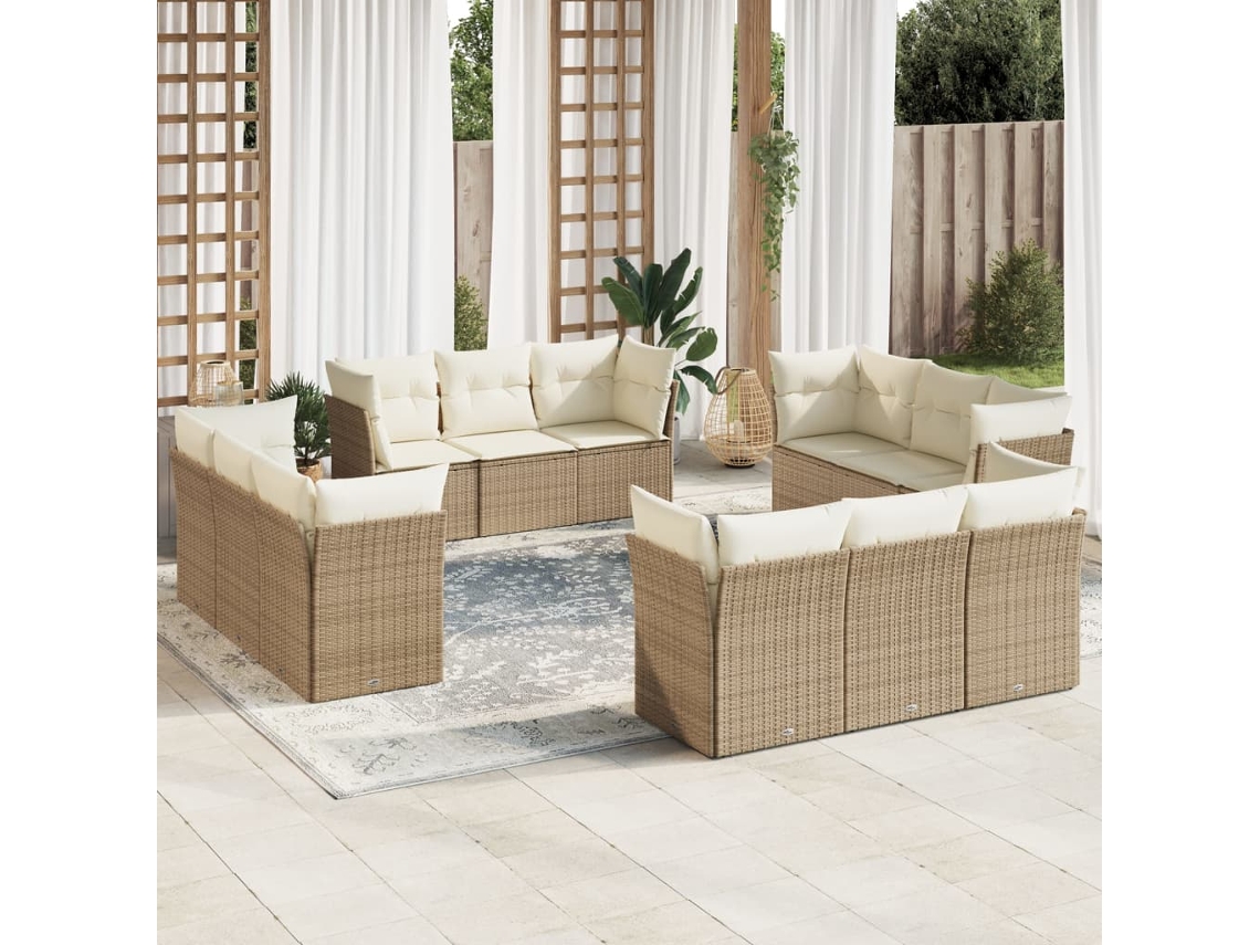 Vidaxl 12 Pcs Conjunto De Sofás P/ Jardim Com Almofadões Vime Pe Bege