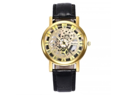Reloj De Pulsera De Cuarzo Con Números Romanos Y Dial Hueco De Aleación Mcykcy (cinturón Negro Dial Oro)