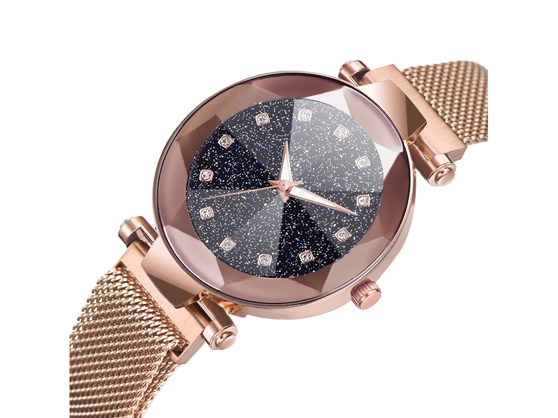 Relógio Mulher de Quartzo Pulseira de Malha com Botão Magnético Mostrador Redondo Ouro Rosa