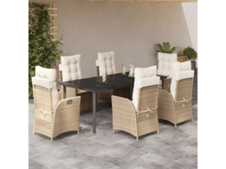 Vidaxl 7 Pcs Conjunto De Jantar P/ Jardim Com Almofadões Vime Pe Bege