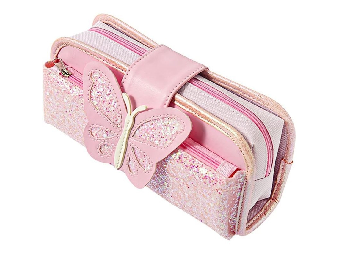2026rebe estuche de Lápices Linjou de Gran Capacidad, Canvas Reversible Con Purpurina, Rosa, 3 Compartimentos