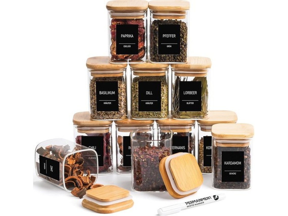 Conjunto De 12 Potes De Ervas Quadradas - Caixas De Vidro Com Etiquetas De Ervas E Caneta