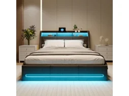 Cama Inteligente 160x200cm, Armazenamento A Gás, Tira Led Rgb, Tomada Europeia, Tela Lona Cinza, Controlo App/telecomando, Estilo Moderno Minimalista