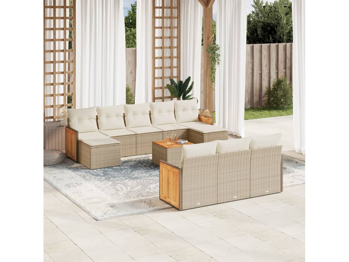 Vidaxl 11 Pcs Conjunto Sofás De Jardim C/ Almofadões Vime Pe Bege