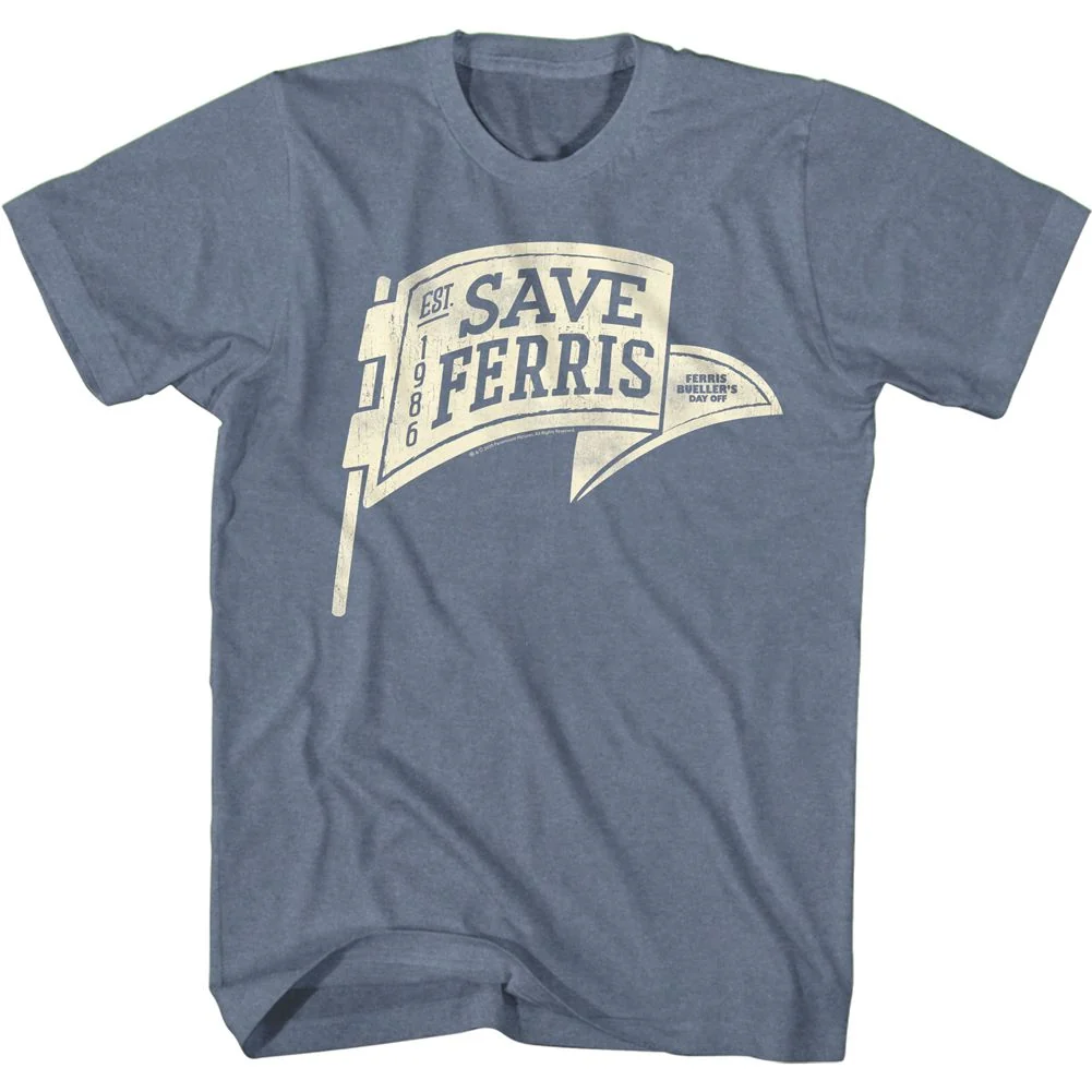 Rockinstone Ferris Bueller's Day Off Save Ferris Penant Heather Indigo Adult T-shirt Size:s