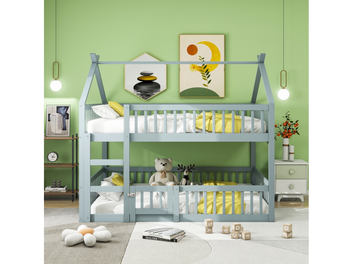 Cama Beliche Infantil de Madeira Maciça 140x200 com Escada e Design Moderno em Cinza PAPRIKA