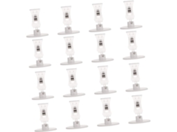 Conjunto Tofficu com 48 clipes de plástico para etiquetas, sinalização e cartões, com base transparente.