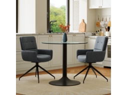 Conjunto Mesa Vidro Preta 2 Cadeiras Giratórias 360° Tecido Cinza