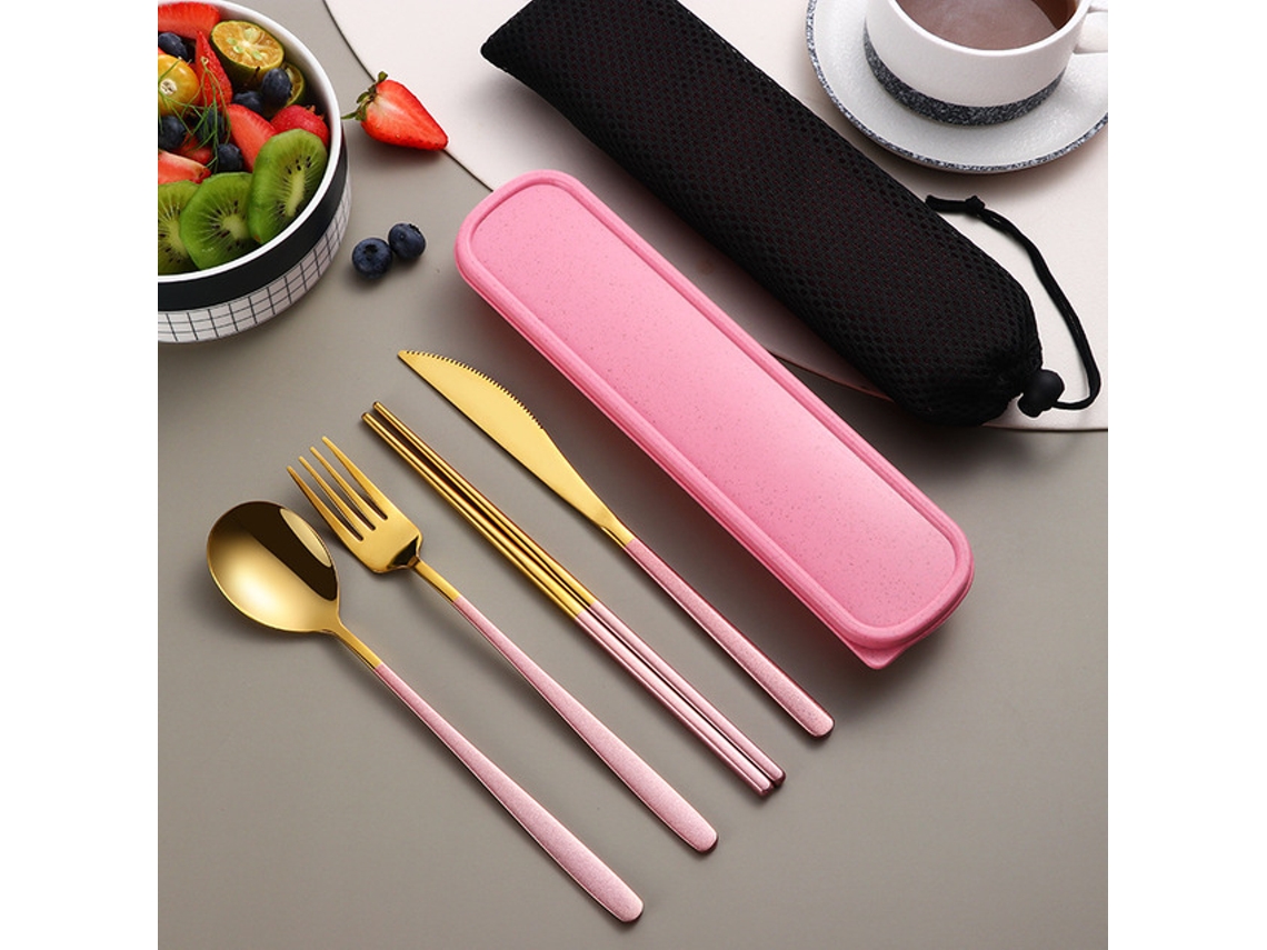 Conjunto de Talheres Portátil em Aço Inoxidável 304 , Incluindo Faca, Garfo, Colher e Estojo para Armazenamento. MDUG (dourado Rosa)