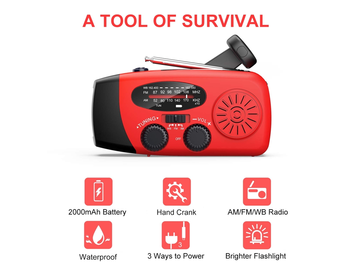 Rádio de Emergência Portátil Solar com Manivela, Am/fm/wb, Bateria Recarregável de 2000mahara Carregar Celular, Vermelho AQUAFORGE