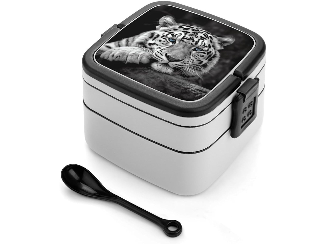 Marmita Bento Empilhável Com Estampa De Tigre Preto E Branco, À Prova De Vazamentos, Com Tampa Hermética E Colher