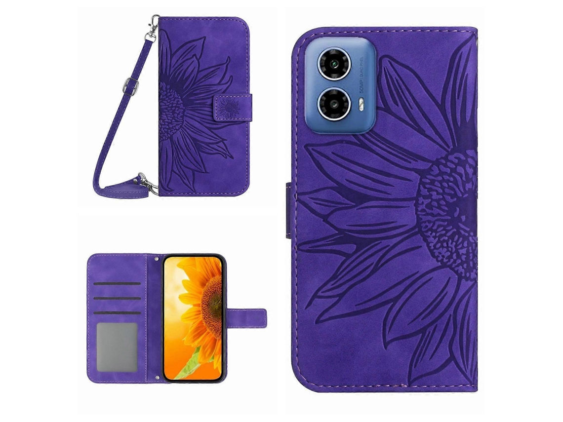 Capa De Celular Flip Em Couro Sintético Com Textura De Girassol E Cordão Para Motorola Moto G45 5g Ht04.