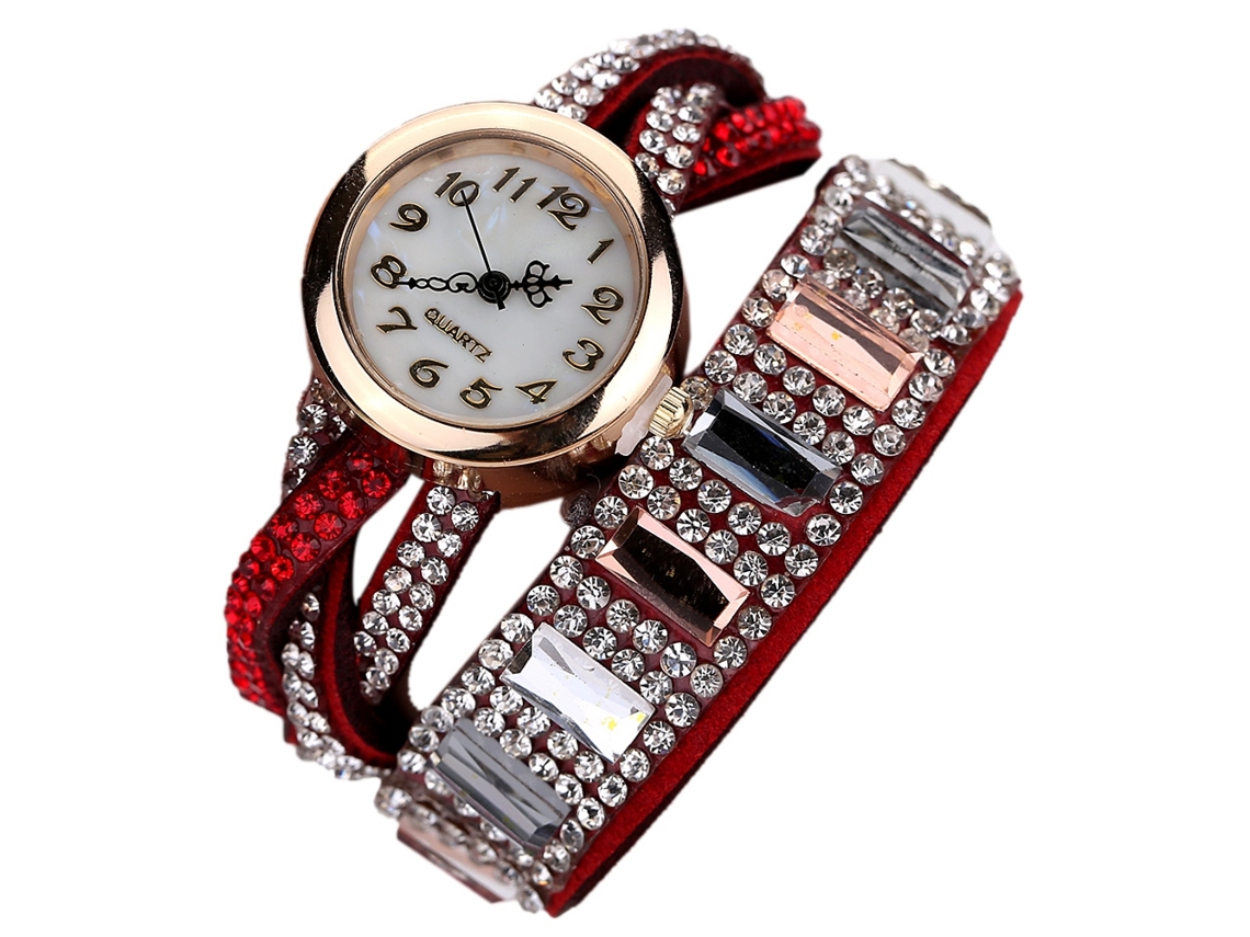 Relógio de Pulso Feminino de Quartzo com Pulseira de Couro Pu e Strass Brilhante (vermelho)