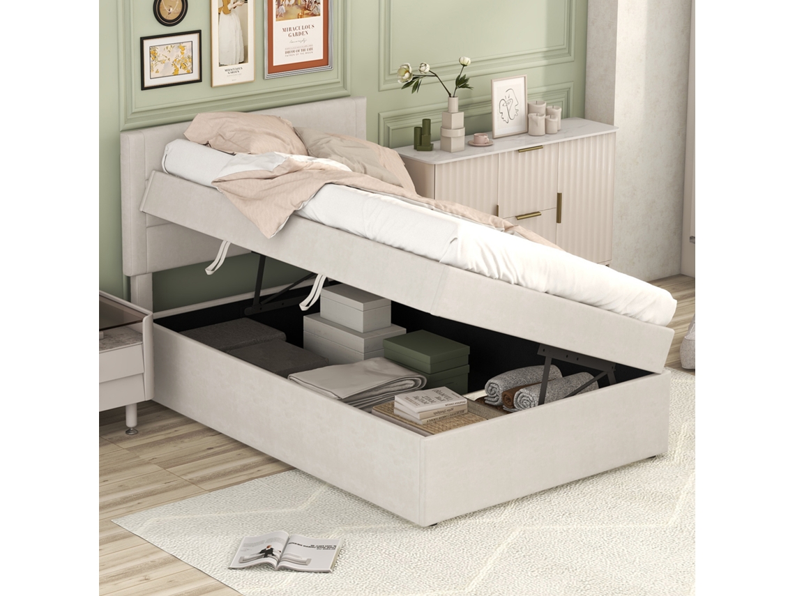 Cama Solteiro 90x200 Metal Com Armazenamento Bege Sem Colchão