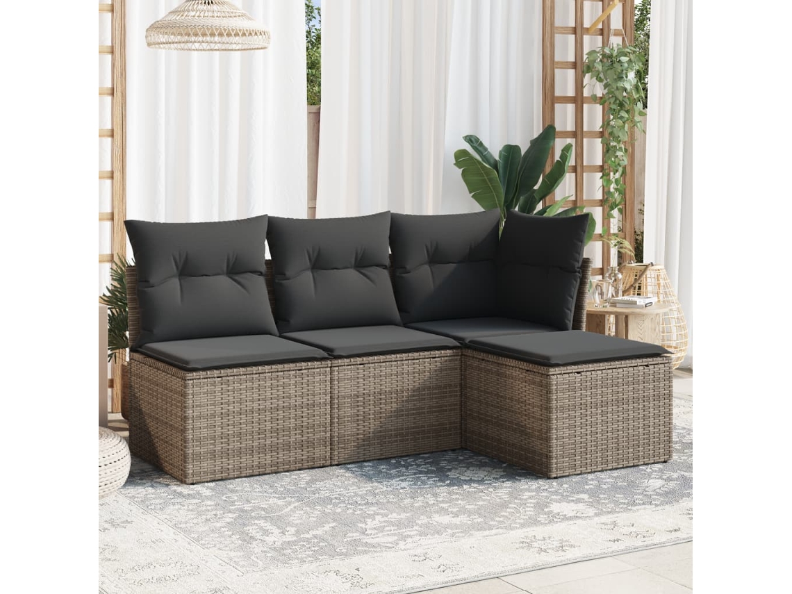 Vidaxl 4 Pcs Conjunto Sofás De Jardim C/ Almofadões Vime Pe Cinzento