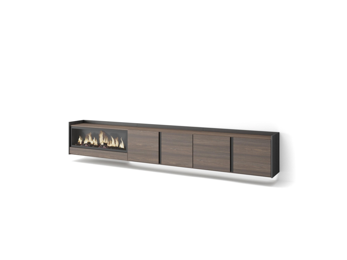 Móvel De Tv, 315x35x50cm, Para Televisores Até 80", Lareira Eléctrica Xxl, Suspensos, Led, Carvalho Escuro E Preto
