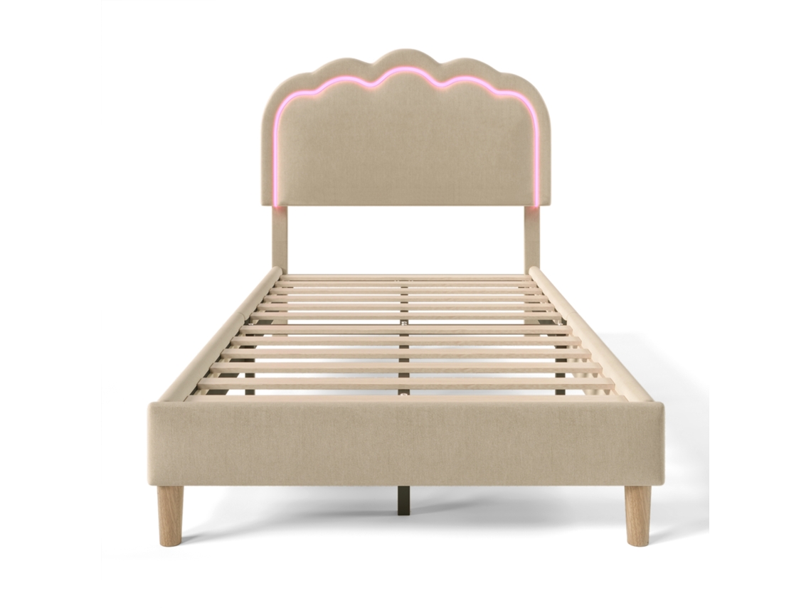 Cama Estofada PAPRIKA com Led 90x200cm, estrutura Ajustável em Bege, para Quarto Juvenil ou Hóspedes, tecido de Linho