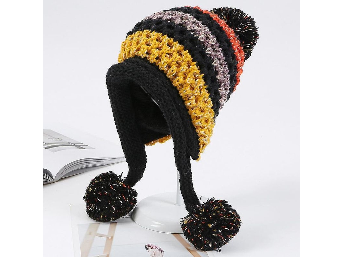 Boné de Inverno Feminino Peruano com Aberturas para Orelhas e 3 Pompons Linho de Peluche Preto