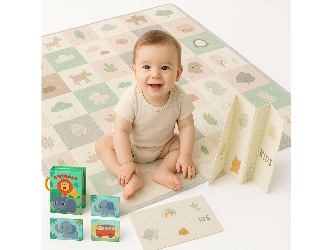 Tapete de atividades reversível, duplo e almofada para bebês com parvovirose + livro sensorial
