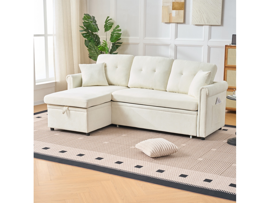 Ecksofa Em L Com Espaço De Arrumação E Função De Dormir, Sofá De Chenille Bege Reversível Ideal Para Salas E Quartos De Visitas Sini Tech Store