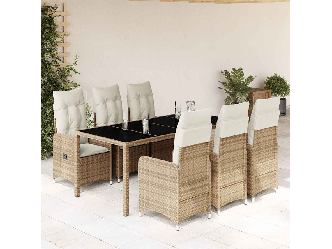 Vidaxl 7 Pcs Conjunto De Bistrô Para Jardim C/ Almofadões Vime Pe Bege