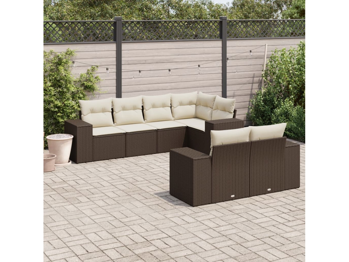 Vidaxl 7 Pcs Conjunto De Sofás Jardim C/ Almofadões Vime Pe Castanho