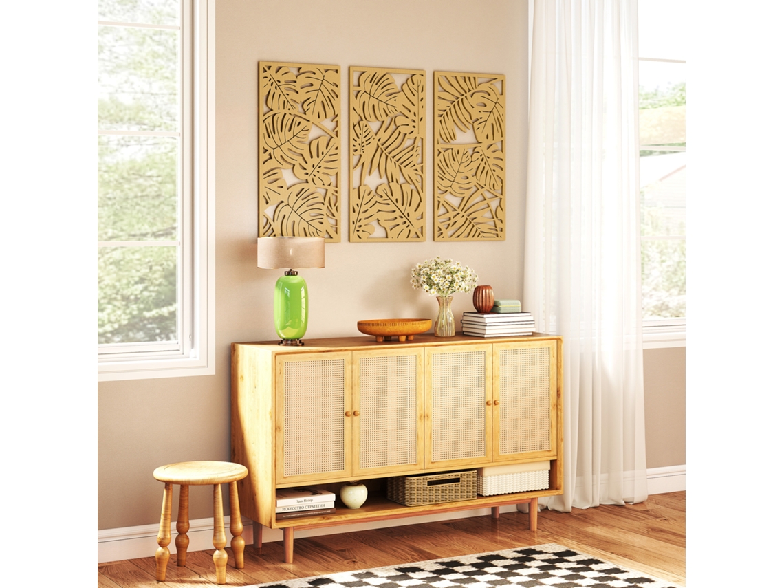 Conjunto de 3 Decorações de Parede de Madeira 3d. 40 X 80 Cm. Folhas Tropicais. Efeito Natural da Madeira Ge