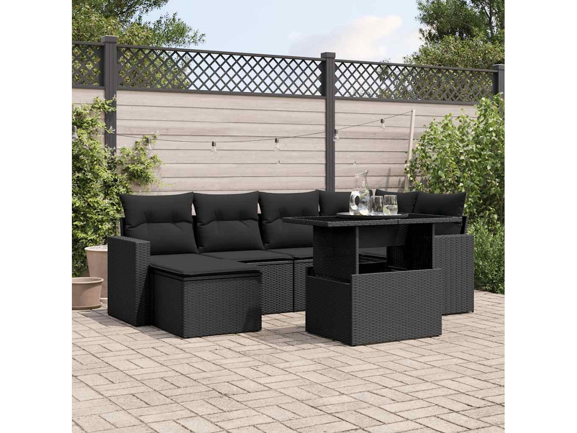 Vidaxl 7 Pcs Conjunto De Sofás P/ Jardim C/ Almofadões Vime Pe Preto