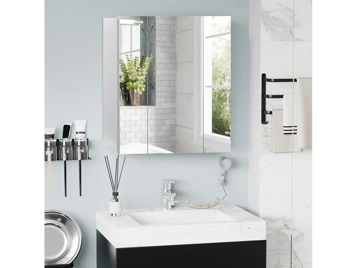 Armário de Parede para Banheiro com 3 Portas Espelhadas e Prateleiras Ajustáveis em Mdf Branco 70lx15px60acm BTFORUS
