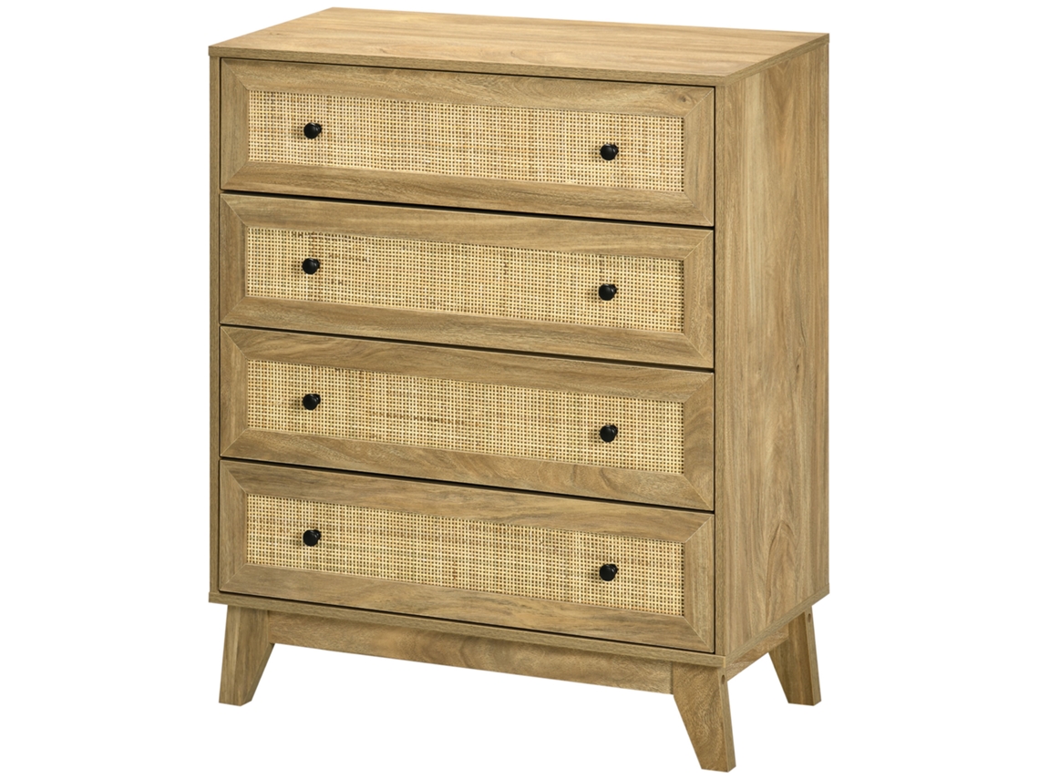 Cómoda Com 4 Gavetas De Com De Vime Pés Elevados Madeira 80x35x95cm