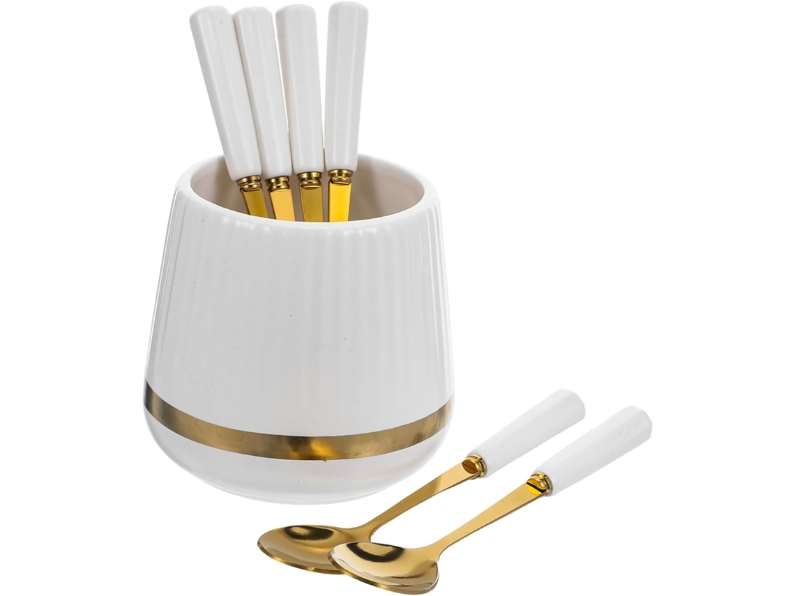 De Colheres De Sobremesa De Cerâmica Com Pote E Suporte, Colher Pequena, Garfo Para Frutas, Gokoco