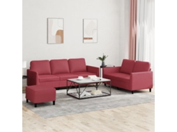 Vidaxl 3 Pcs Conjunto Sofás C/ Almofadões Couro Artif. Vermelho Tinto