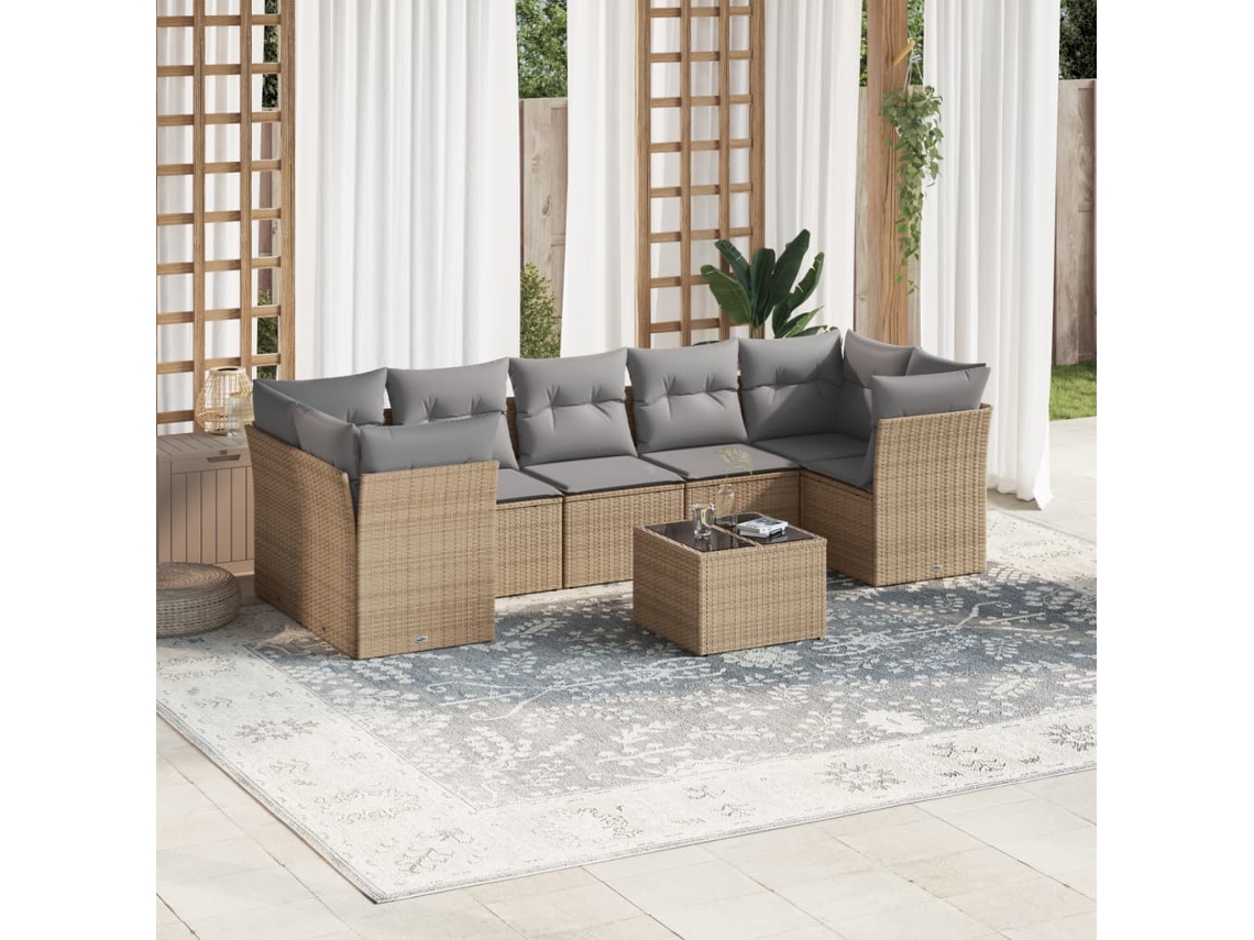 Vidaxl 8 Pcs Conjunto De Sofás P/ Jardim Com Almofadões Vime Pe Bege