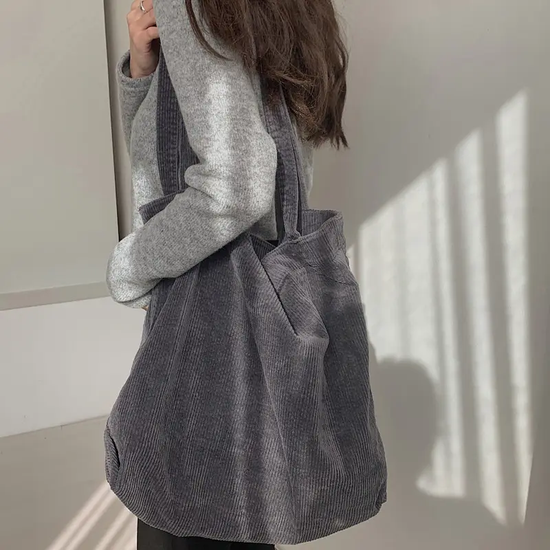 Bolsa Tote AQUAFORGE de Veludo Cotelê Cinza, Alças Largas, Bolsos Laterais, Espaçosa, Compras e Itens Essenciais