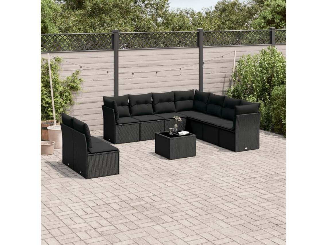 Vidaxl 10 Pcs Conjunto Sofás De Jardim C/ Almofadões Vime Pe Preto