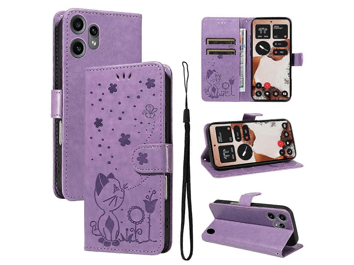 Capa De Celular Flip Em Couro Com Estampa De Gato E Abelha Para Celular Cmf Phone 2 Pro, Da Nothing.