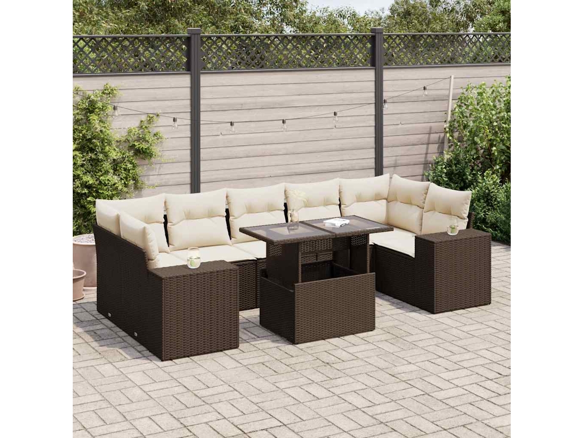 Vidaxl 8 Pcs Conjunto Sofás De Jardim C/ Almofadões Vime Pe Castanho