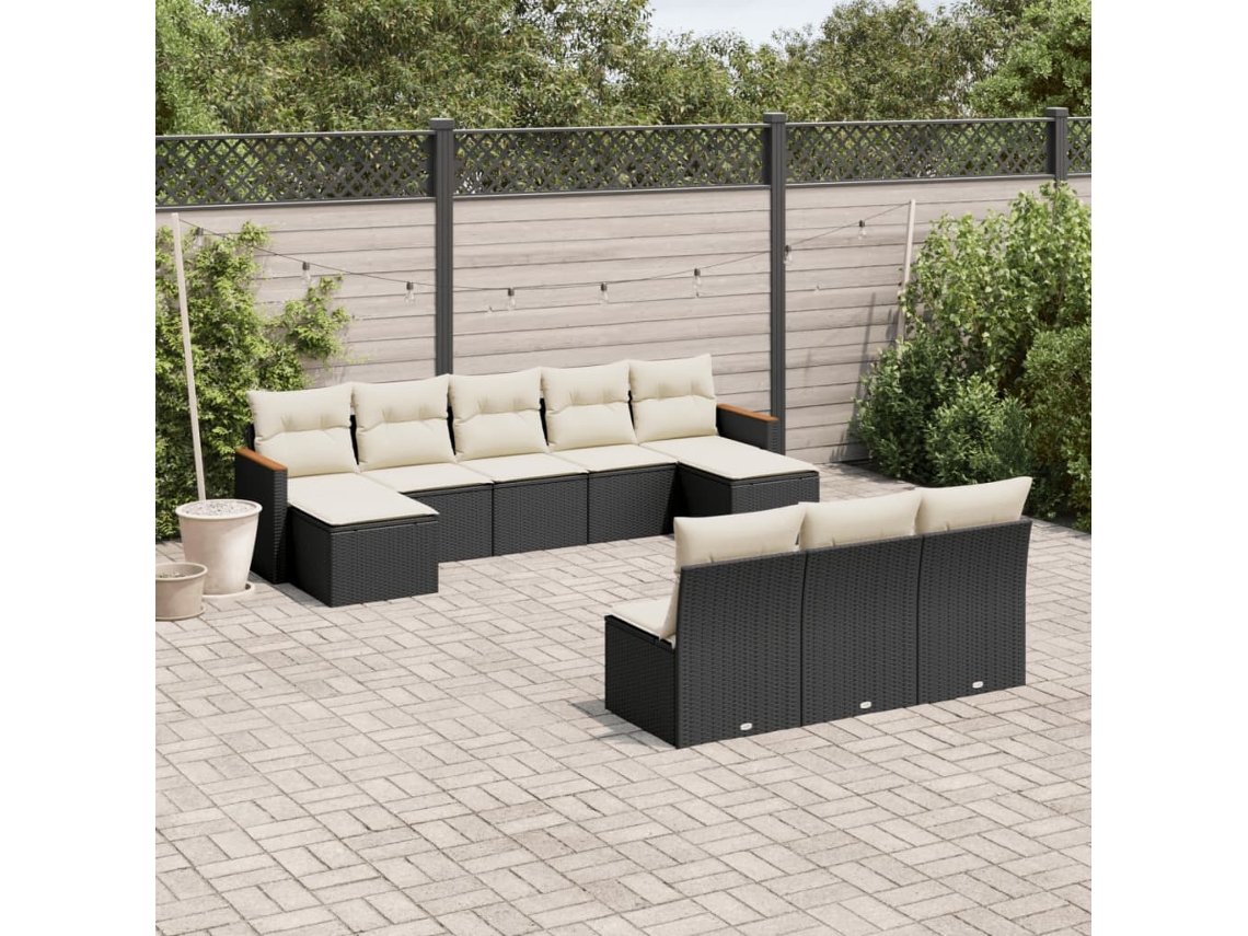 Jogo de Sofá Jardim 10 Peças C/ Almofadões Vime Pe Preto Dkd Home Decor