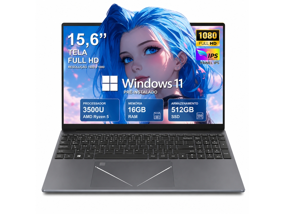 Portátil 15,6'' com AMD Ryzen 5 3500u, 16 Gb RAM DDR4, SSD 512 Gb, Windows 11 Pro, Wi-Fi 5, HDMI