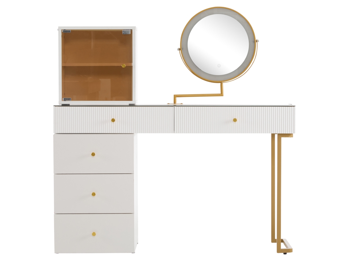 Conjunto de Penteadeira com Espelho Led, tampo de vidro, mesa lateral e armário em branco, 120x45x115 cm PAPRIKA