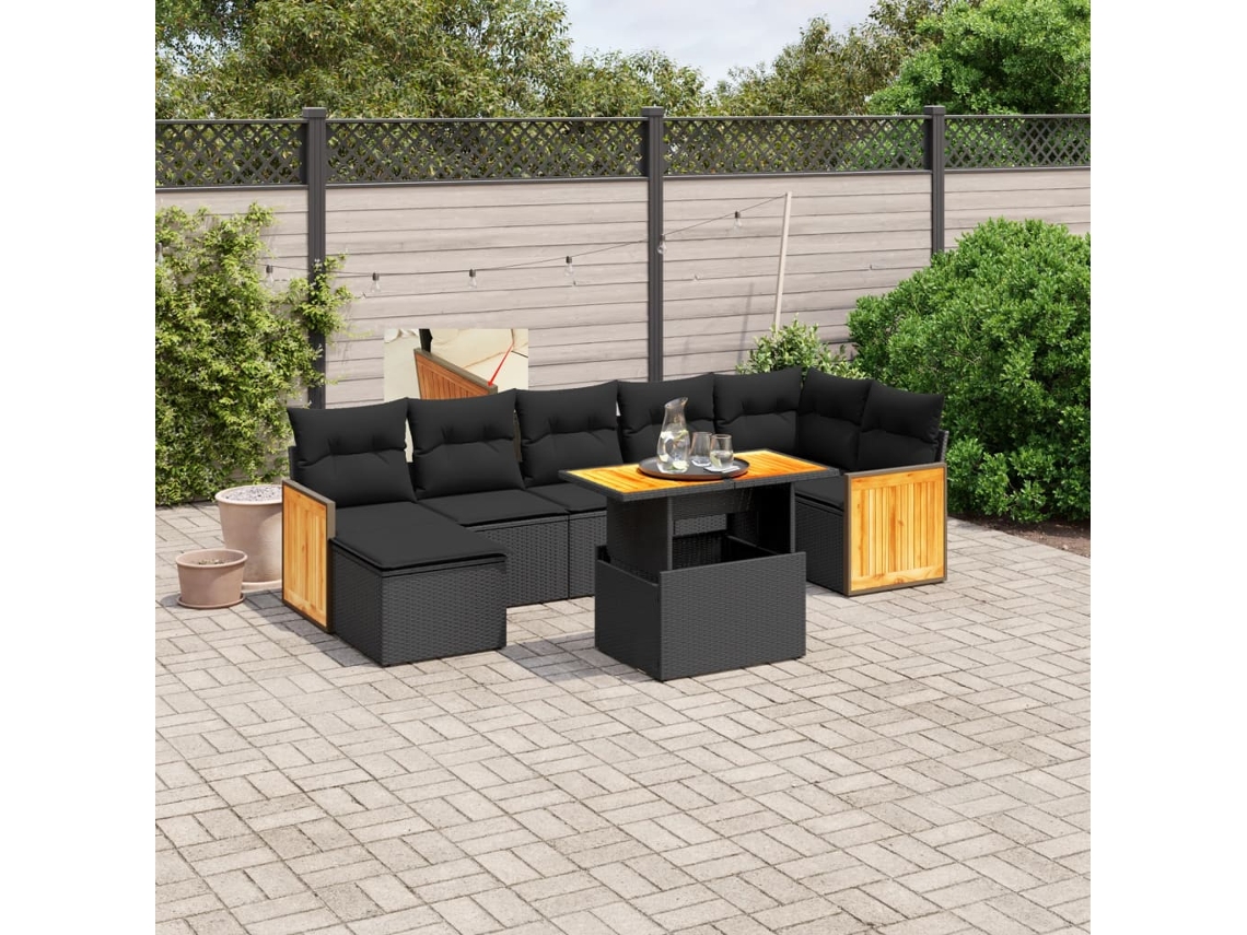 Vidaxl 8 Pcs Conjunto Sofás De Jardim Com Almofadões Vime Pe Preto