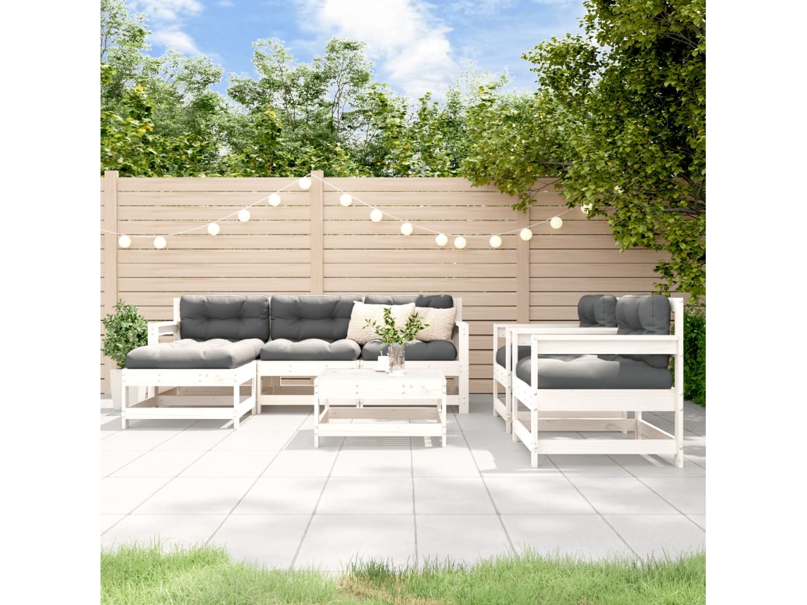 Conjunto Lounge 7pcs Jardim C/ Almofadas Madeira Maciça Branco Dkd Home Decor