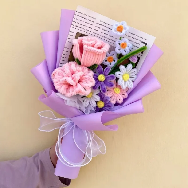 (roxo) Flor Artificial Tricotada À Mão Com Fio De Crochê - Buquê Criativo Feito À Mão