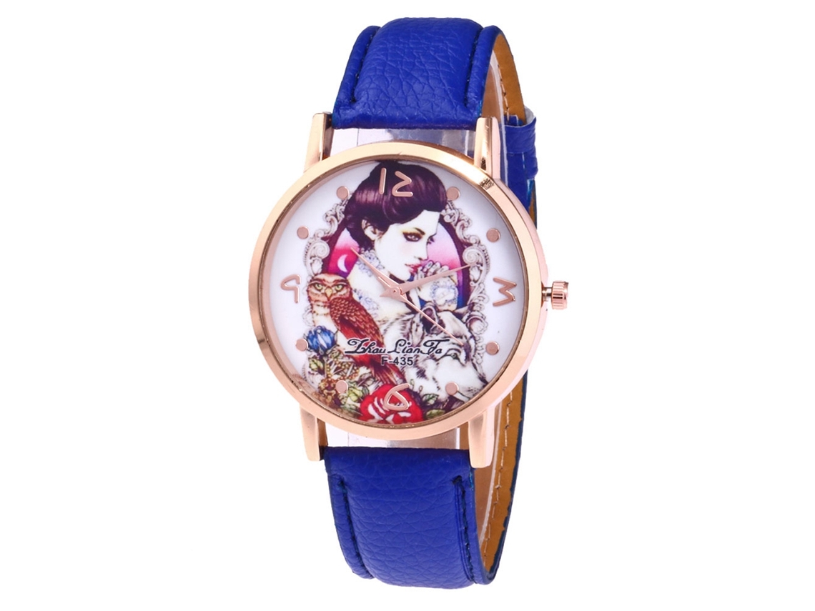 Relógio de quartzo com pulseira de couro PU, mostrador redondo moderno, unissex, azul.