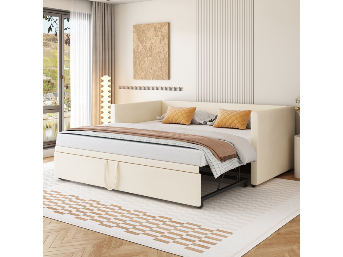 Sofá cama 90/180x200 Veludo Bege Ripas Conversível