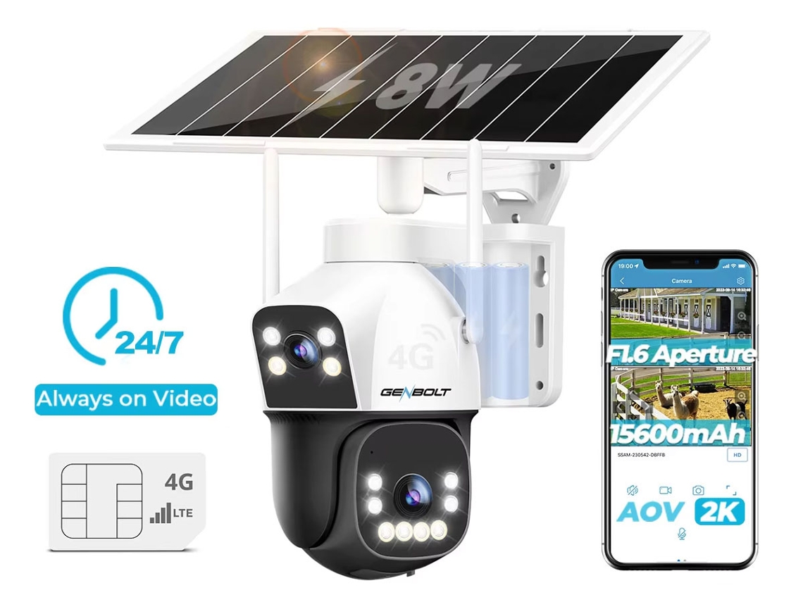 Genbolt Câmara  3g/4g Lte Exterior Sem Fios 8w 15600mah Sem Wifi Dupla Lente Holofote Sim