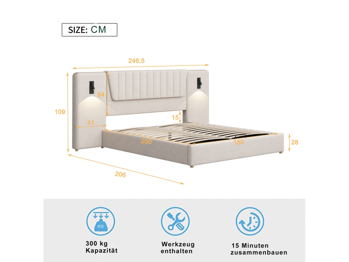 Cama de casal 180x200cm, veludo, cabeceira longa, lâmpadas de leitura com USB, gaveta hidráulica, bege, KOMHTOM