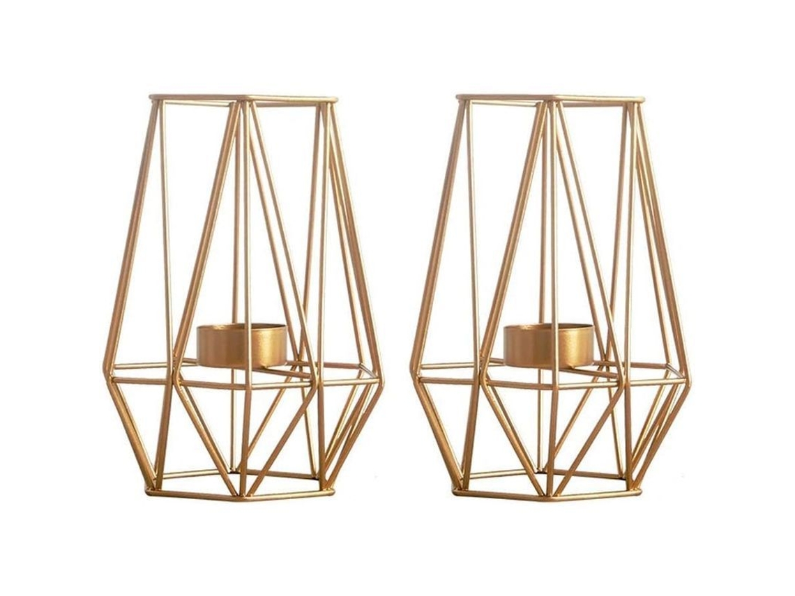 Conjunto de 2 castiçais hexagonais de metal, design geométrico, ferro vazado, para velas de chá.