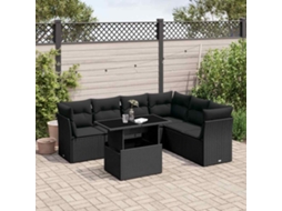 Jogo de Sofá 7 Peças P/ Jardim C/ Almofadões Vime Pe Preto Dkd Home Decor